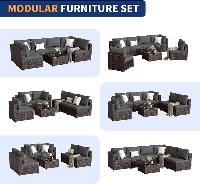 Patio Furniture Set, 7 Pieces Outdoor Sectional Sofa, PE Wicker Backyard - Image 7