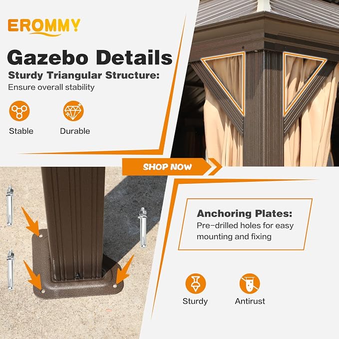 EROMMY 12' x 12' Gazebo Hardtop Double Roof Galvanized Steel Gazebos - Image 4