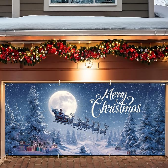 Merry Christmas Garage Door Cover 6x13FT, Santa Sleigh Flying Across Full Moon by ANNAQUEEN