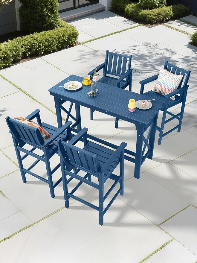 5-Piece HDPE Patio Bar Set, Rectangular Bar Height Table and 4 Adirondack Bar - Image 9