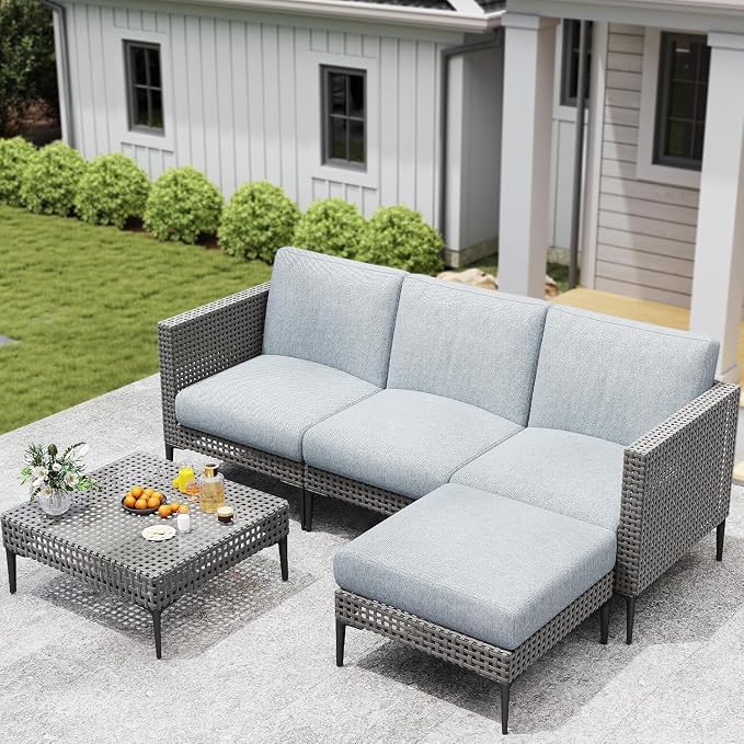 5 Pieces Outdoor Patio Conversation Set – Rattan L-Shaped Corner Sofa by JOCOEVOL