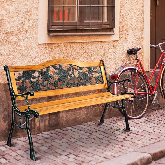 Giantex 50 Inch Patio Bench, Outdoor Furniture Rose Cast Iron Hardwood Frame - Image 7
