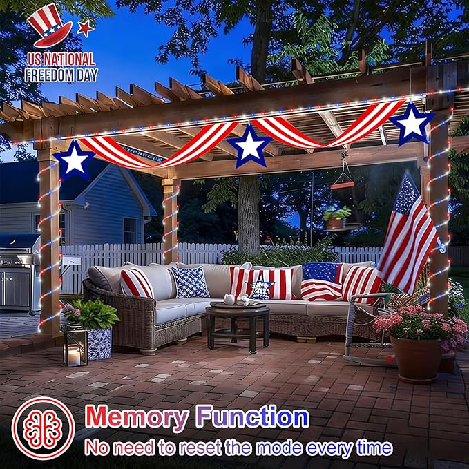 QITONG Red White Blue Solar Rope Lights, 2 Pack Each 33ft 100 LED 4th of July - Image 6
