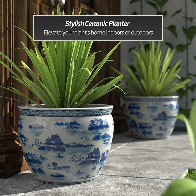 Red Lantern 18" Porcelain Fishbowl Blue & White Landscape Planter - Image 2