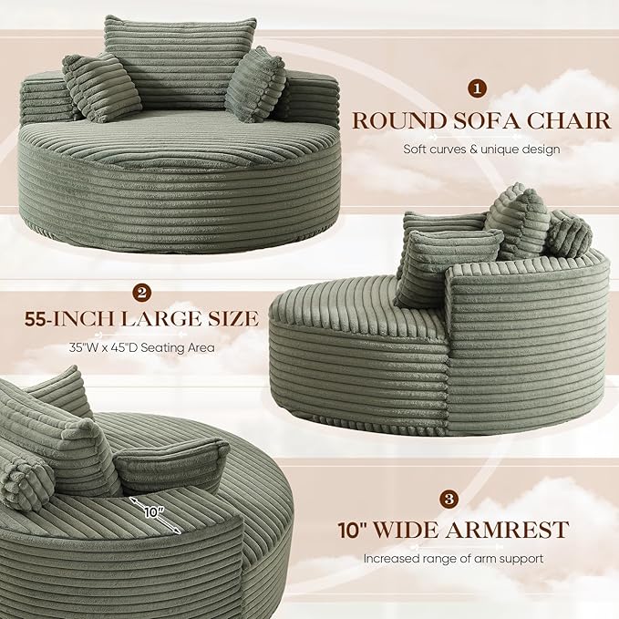 Oversized Round Chaise Longue Chair Indoor, Modern 55-inch Upholstered Corduroy - Image 5