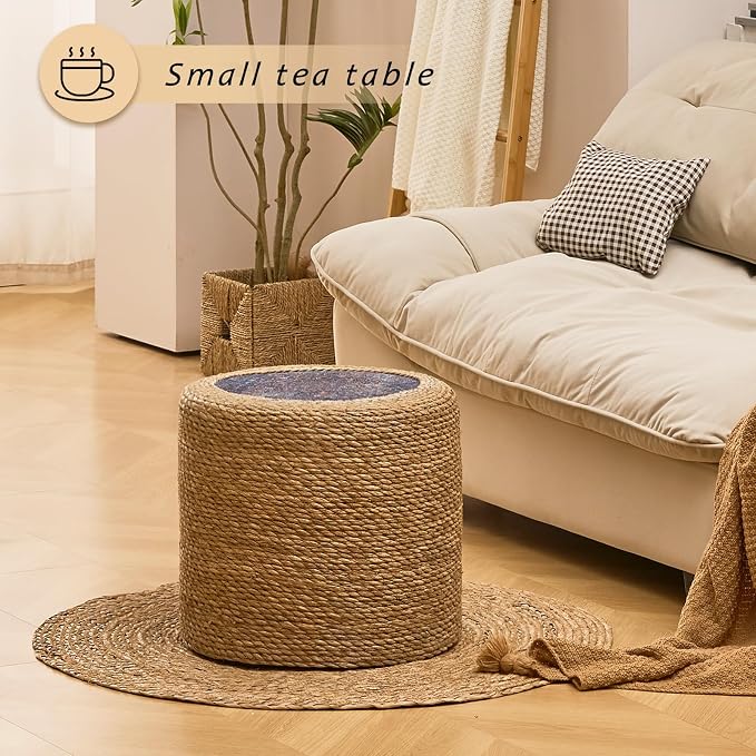 Handwoven Ottoman Pouf, Natural Seagrass Footstool, Round Braided Outdoor Seat - Image 5