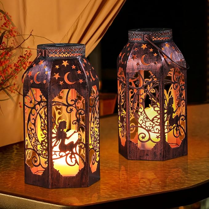 Solar Lanterns Outdoor Garden Hanging Lantern Waterproof LED Metal Bronze Moon by Singingarden