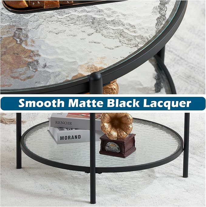VINGLI 25.6" Small Matte Black Round Coffee Table Water-Wave Glass Circle Clear - Image 5