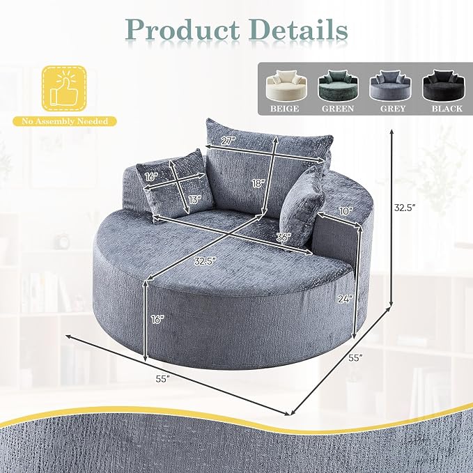 Oversized Round Chaise Longue Chair Indoor, Modern 55-inch Upholstered Chenille - Image 2