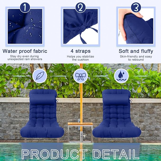 Tudomro 1 Pcs Blue 66'' Outdoor Chaise Lounge Cushion Waterproof Patio Lawn - Image 6