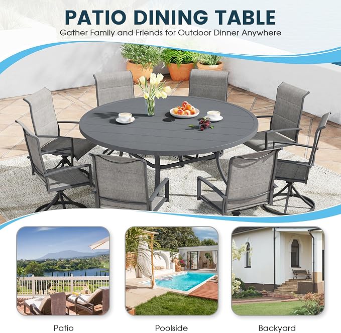 Patio Dining Table for 8-10, Round Metal Outdoor Table - Image 6