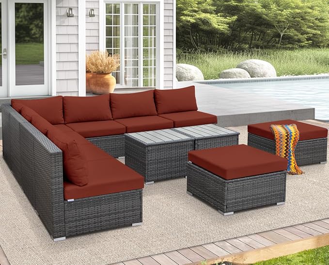 NICESOUL 11 Piece L Shape Patio Furniture Set, 29.3'' High Back Comfy Rattan - Image 3