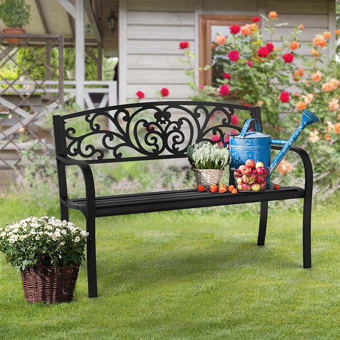 VINGLI Outdoor Bench for Patio Metal Garden Bench w/PVC Back Pattern - Image 7