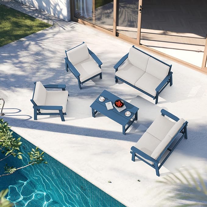 SERWALL HDPE Patio Furniture Set, 5 Piece All Weather Wood-Like Sectional - Image 9