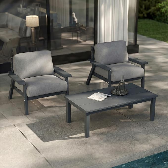 Patio Furniture Set with Washable Thick Gray Cushions, HDPE Outdoor Couch by PatioKingdom