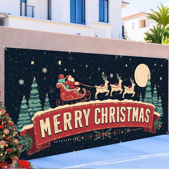 ANNA QUEEN Christmas Garage Door Banner 6×13 FT, Retro Santa Sleigh & Merry - Image 5