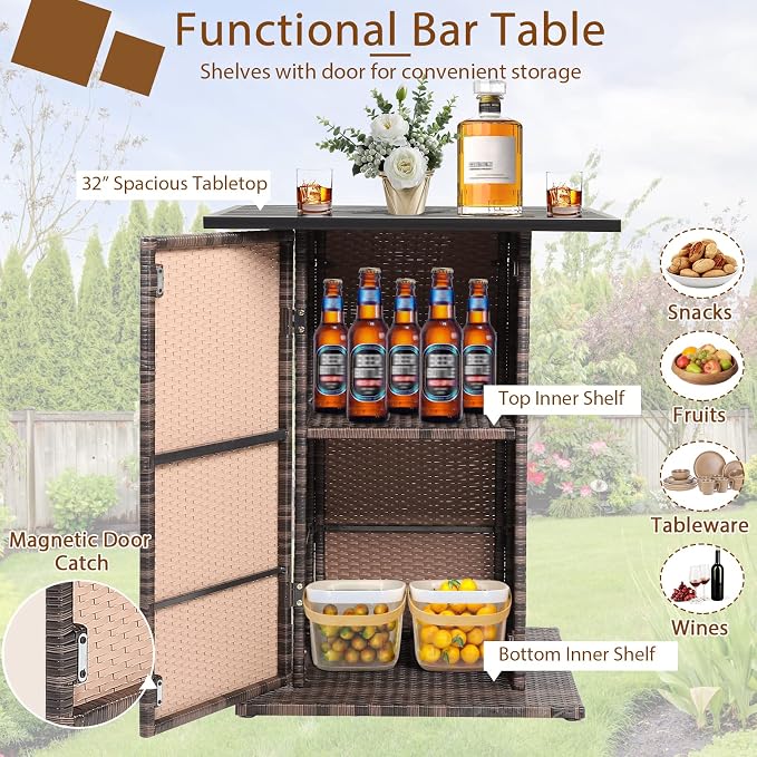 HAPPYGRILL 5 Piece Rattan Bar Set Outdoor Wicker Bar Table and 4 Bar Stools - Image 3