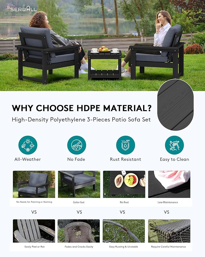 SERWALL HDPE Patio Sofa Set, 3-piece Sectional Outdoor Furniture Set, All - Image 3