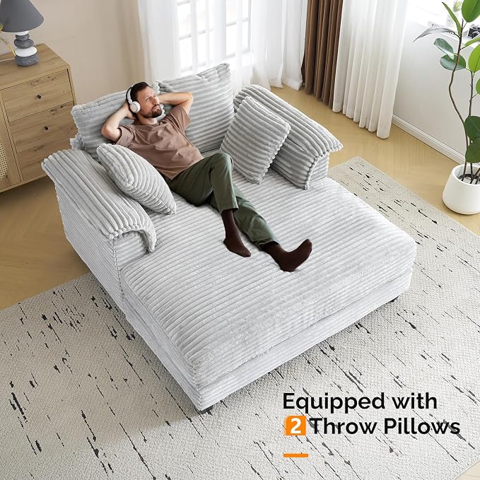 VINGLI 56" Oversized Chaise Lounge Chair, Light Grey Comfy Corduroy Chaise Sofa - Image 6