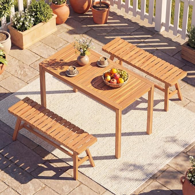 Tangkula 3 Pieces Acacia Wood Patio Dining Set, Outdoor Rectangular Table and by TANGKULA
