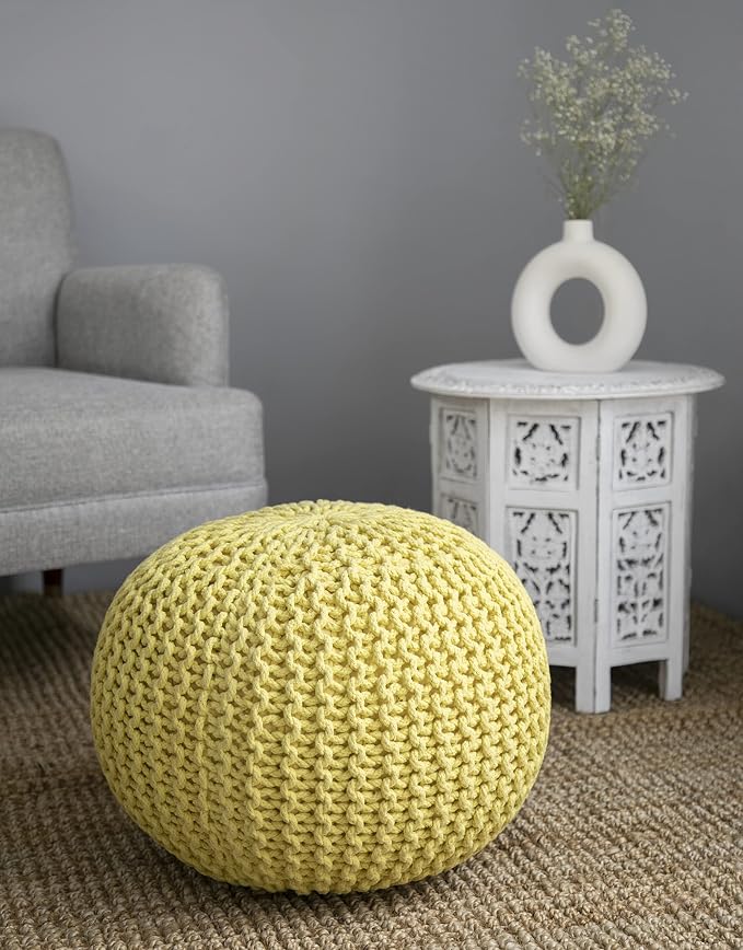 COTTON CRAFT - Hand Knitted Cable Style Dori Pouf - Yellow - Floor Ottoman - - Image 6