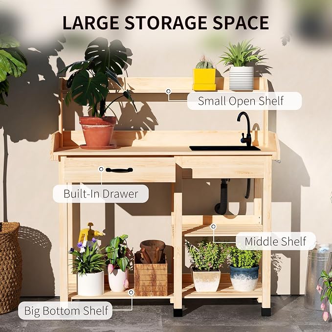 Outsunny Potting Bench Table, Outdoor Garden Table Wooden Work Station - Image 4