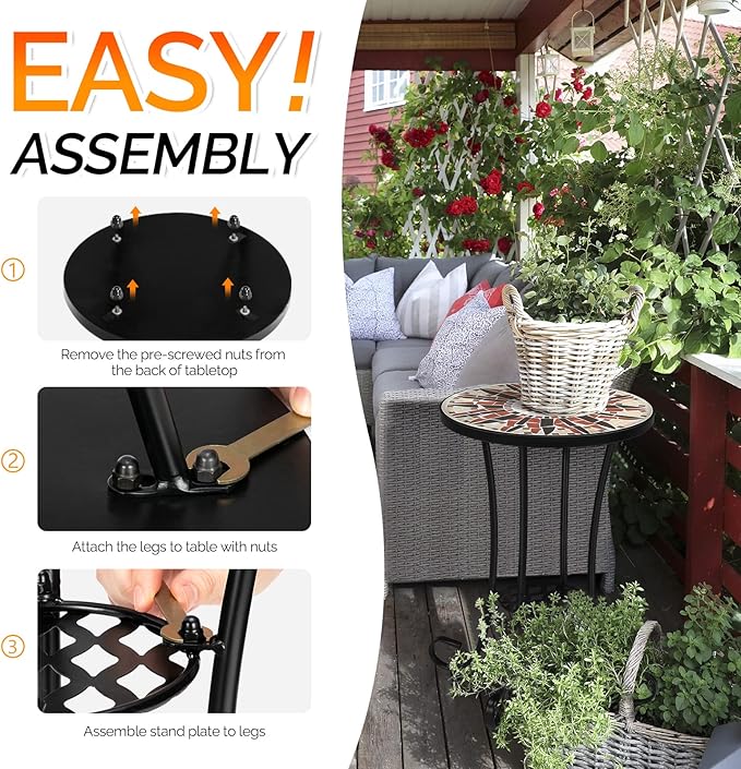 VINGLI Mosaic Outdoor Side Table, Accent Table, Ceramic Tile Top Black Iron - Image 6