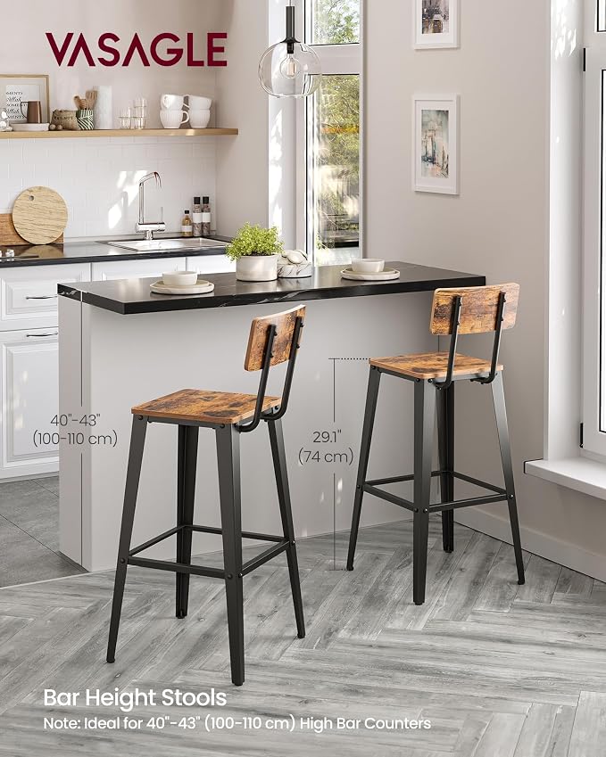 VASAGLE Set of 2 Bar Stools, Bar Height Stools, 29.1 Inches Tall Barstools - Image 2
