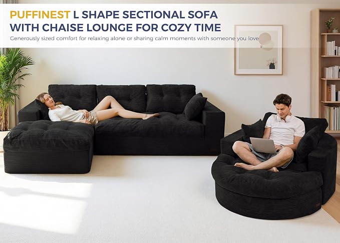 MAXYOYO L Shape Sectional Sofa Couch and Round Chaise Lounge, Modern Cloud Couch - Image 3