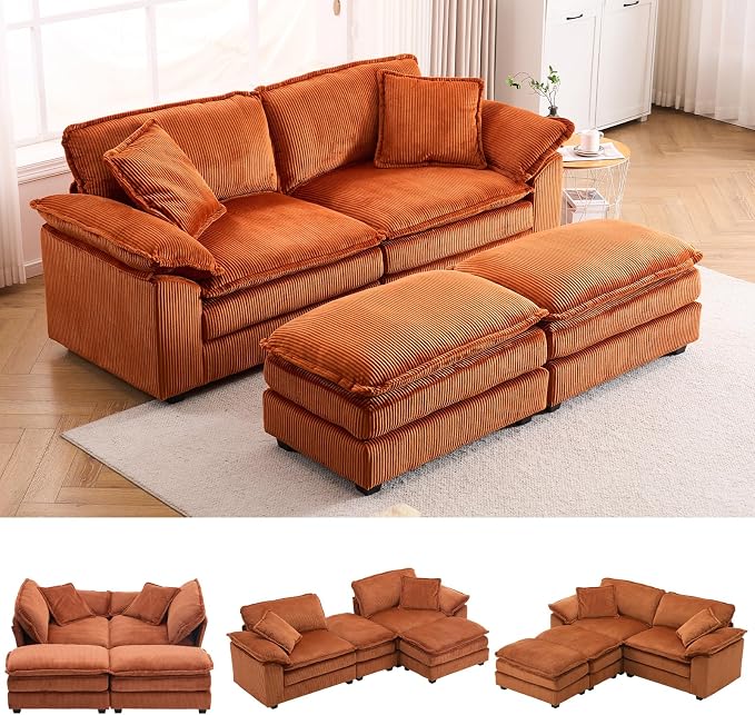 84.6” Corduroy Loveseat with Ottoman, Oversized Double Chaise Lounge Chair by ZXDesign