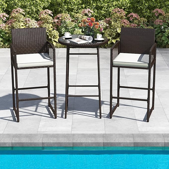 Tangkula 3 Piece Patio Bar Set, Outdoor Wicker Bar Height Glass Top Table & 2 - Image 3