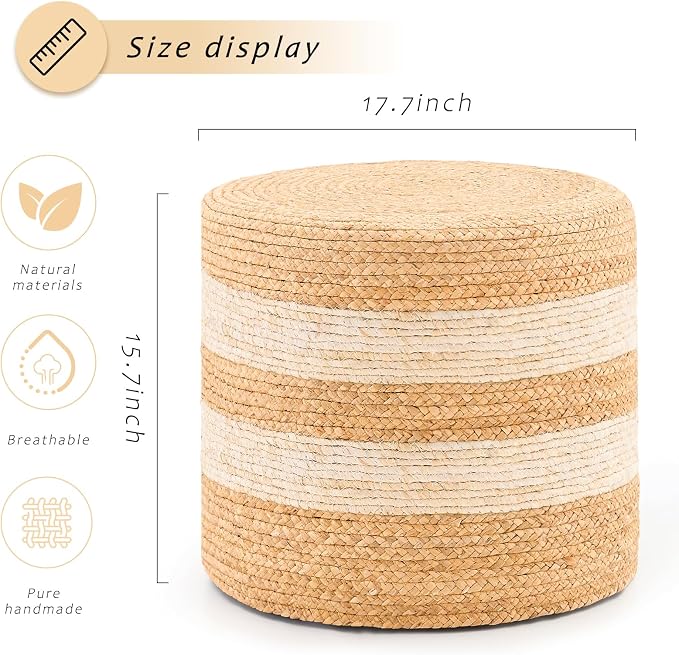 Handwoven Ottoman Pouf, Natural Water Hyacinth Footstool, Round Braided Outdoor - Image 3