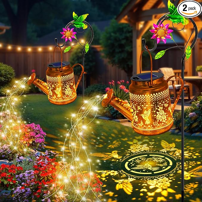 2 Pack Solar Lanterns Outdoor Waterproof, Hummingbird Watering Can Garden Decor by YJFWAL