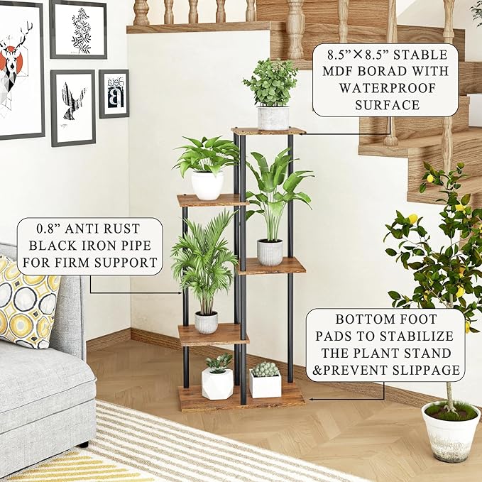 Plant Stand Indoor 5 Tier 6 Potted Metal Wood Plant Shelf, Rustic Brown - Image 2