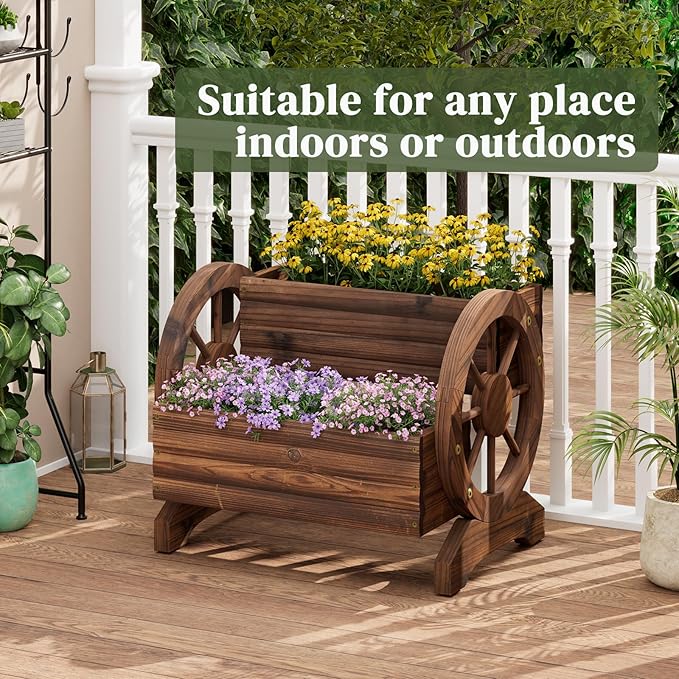 Wooden Wagon Planter Flower Cart - Image 3