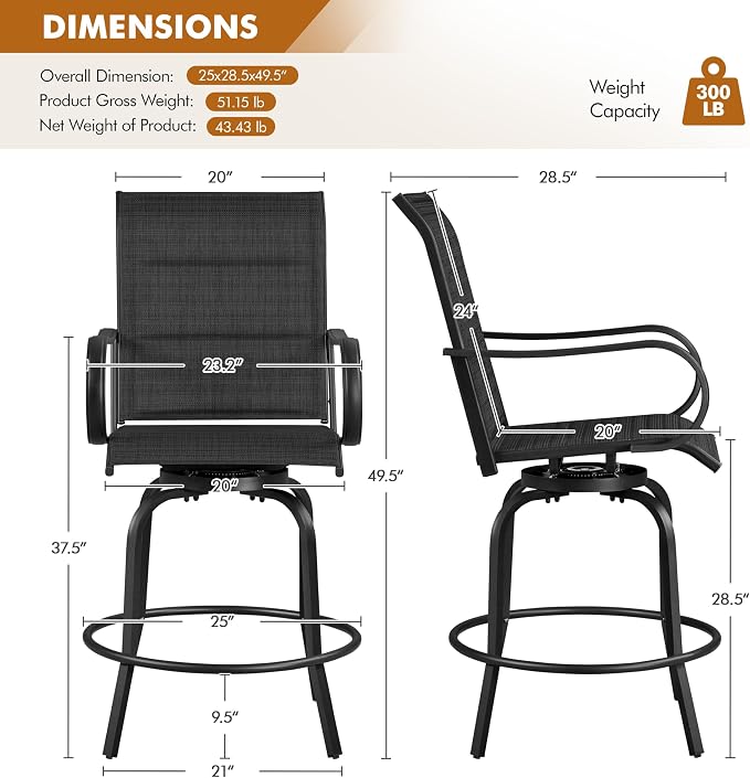 Yaheetech 3Pcs Patio Stools Bar Set, 360 Rotating Swivel Chairs - Image 3