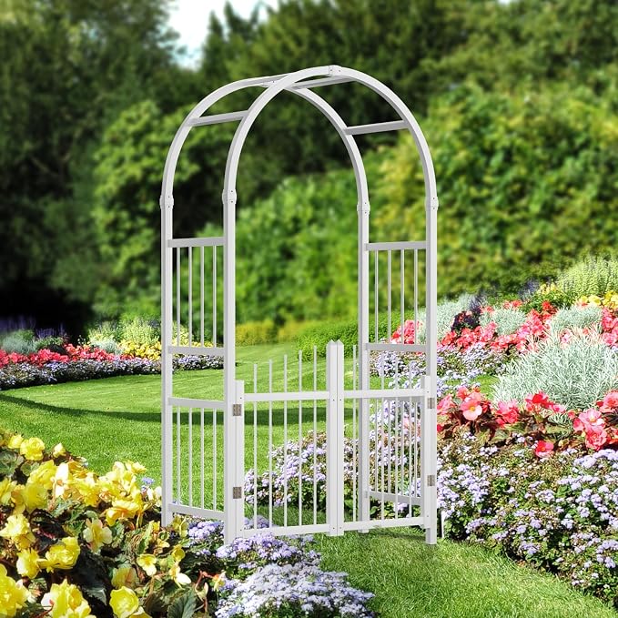 VINGLI Garden Arbor with Gate, PVC Frame Trellis Garden Arch - Image 2