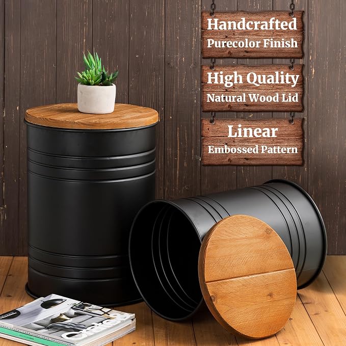 Glitzhome Rustic End Table Set of 2, Farmhouse Galvanized Metal Barrel Ottoman - Image 4