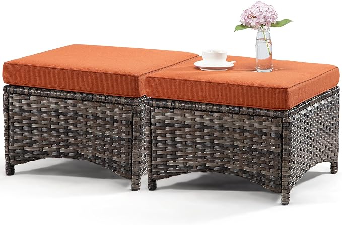 Outdoor Ottomans for Patio Set of 2 PE Wicker Steel Frame Outdoor Footstool - Image 3