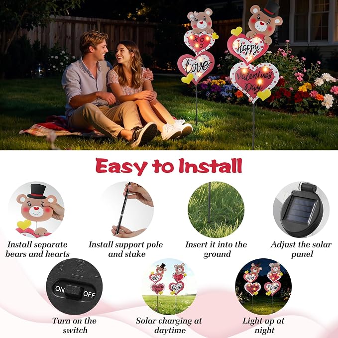 Lewondr 2 Pcs Valentine's Day Decorations Outdoor, Metal Solar Pathway Lights - Image 6
