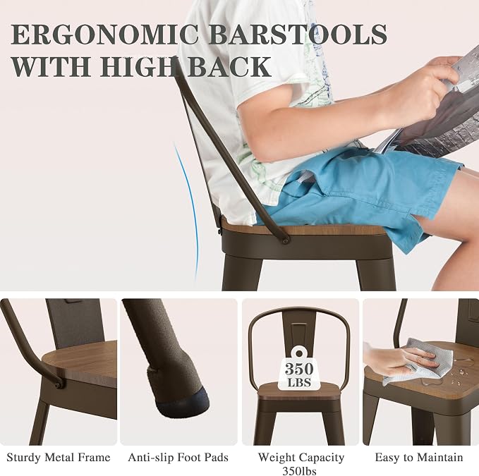 ALISH 24 Inch Industrial Bar Stools Set of 4, High Back Metal Barstools - Image 4