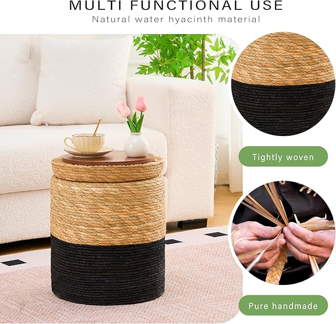Wimarsbon Round Pouf Ottomans, Handwoven Natural Water Hyacinth Seagrass Pouffe - Image 4