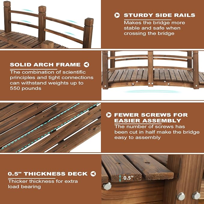 HOMEDIARY 5 FT Fir Wood Garden Bridge, Outdoor Stained Wood Arc Footbridge - Image 5