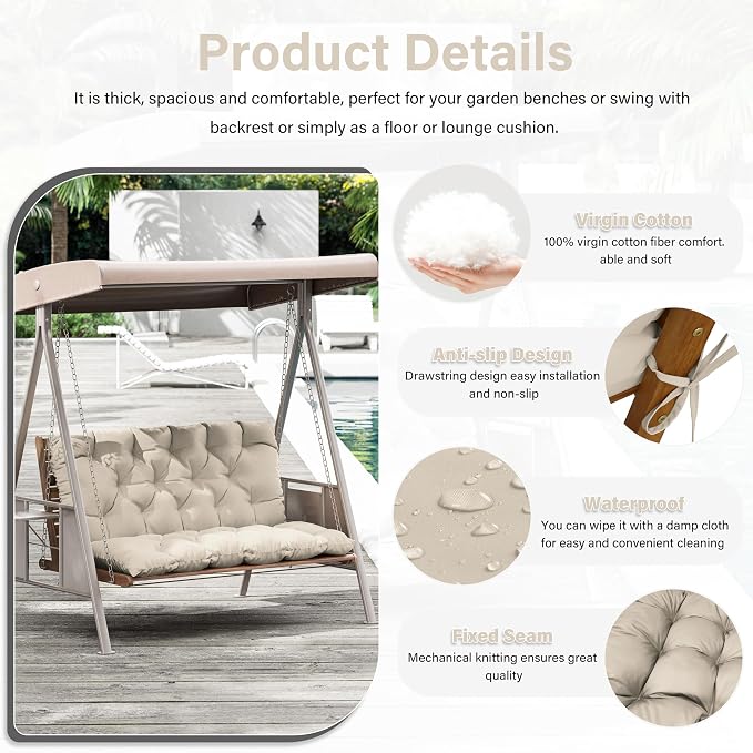 Porch Swing Cushion with Backrest, Waterproof Bench Cushion - Image 3