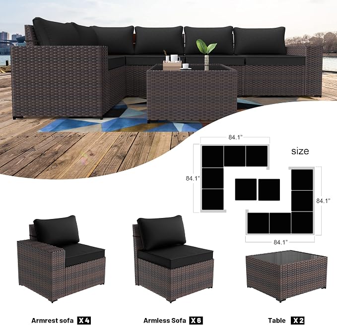 Kullavik Outdoor Patio Furniture Set, 12 Pieces Sectional Rattan Sofa Set Brown - Image 6