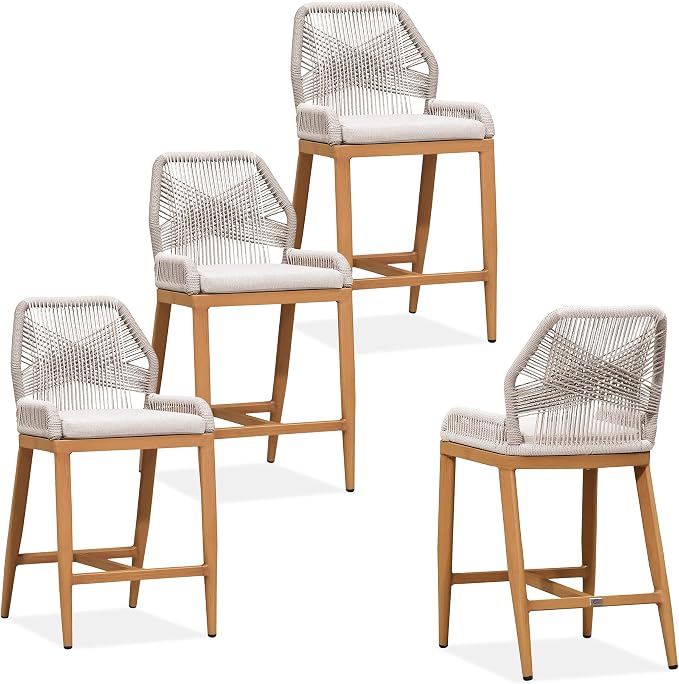 PURPLE LEAF Counter Height Bar Stools Set of 4 Rattan Wicker Outdoor Metal Boho - Image 3