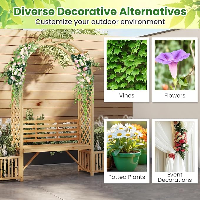 Giantex Outdoor Bench with Garden Arch & Planters, Wooden Pergola Archway - Image 8