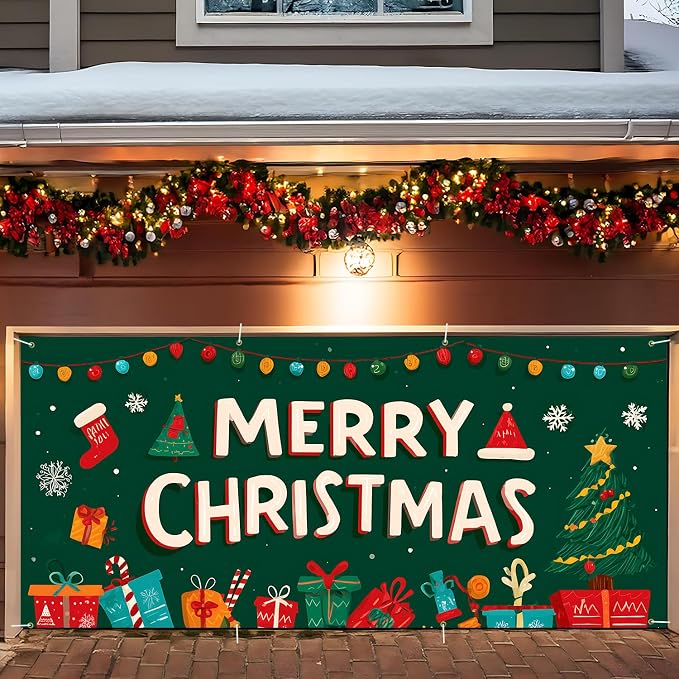 ANNA QUEEN Merry Christmas Gift & Tree Garage Door Banner 6 x 13FT, Holiday by ANNAQUEEN