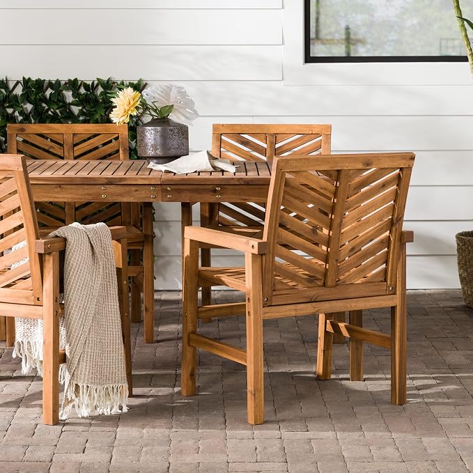 Walker Edison 4 Person Outdoor Wood Chevron Patio Furniture Dining Set Table - Image 11