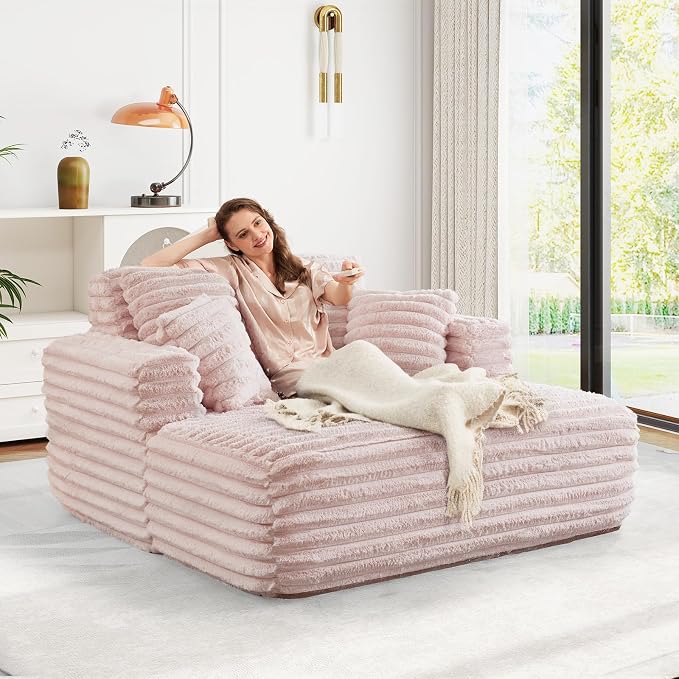 56" Oversized Chaise Lounge Chair Indoor, Plush Faux Fur Sleeper Sofa Couch Bed - Image 5